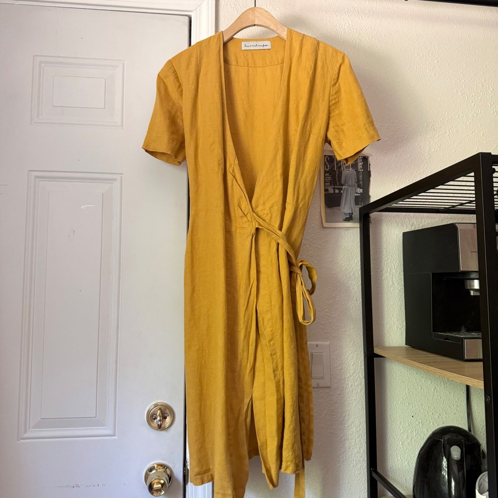 LOVE AND CONFUSE mustard yellow linen short sleeve midi wrap dress
